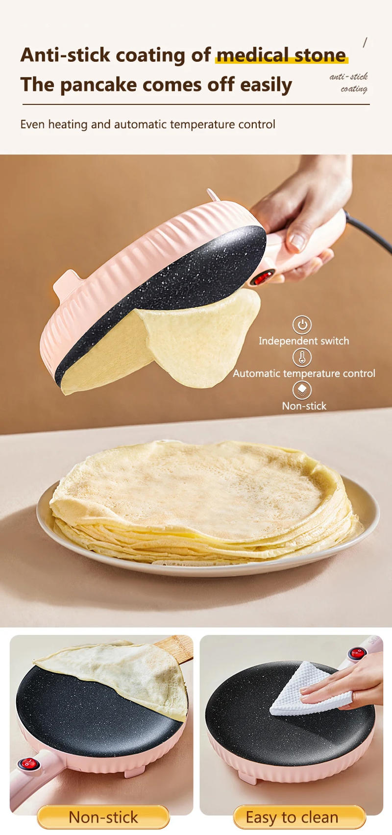 Description Picture 6 of itemMini Automatic Electric Crepe Maker Spring Cake Pie Cooker Non-stick Pizza Griddle Pancake Pan Pot Baking Grill Cooking Plate EU