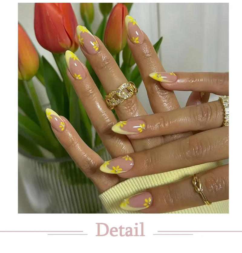 Description Picture 4 of itemYellow Little Flowers Pearl Cute Almond Shape False Nails Simple French Detachable Finished Fake Nails Press on Nails with Glue