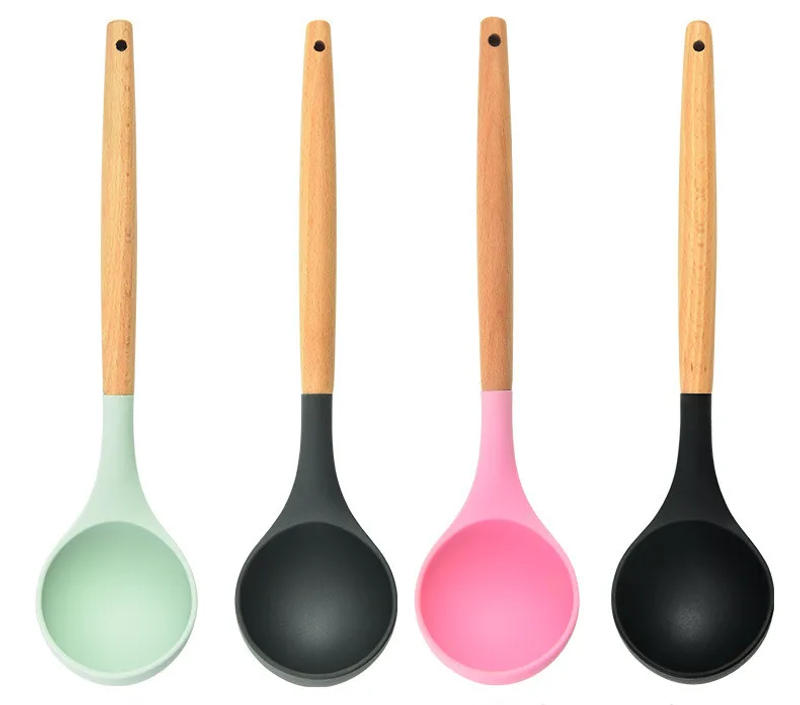 Description Picture 6 of itemRound Silicone Wooden Handle Soup Spoon Korean Ramen Noodles Bouillon Cooking Long Ladle Japanese Kitchen Tablespoons Tableware