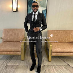 Black Groom Wedding Suits Slim Fit Metal Embellished Gem Men's Tuxedo Bespoke Boyefriend Jacket Pants 2 Piece Male Fashion Dress