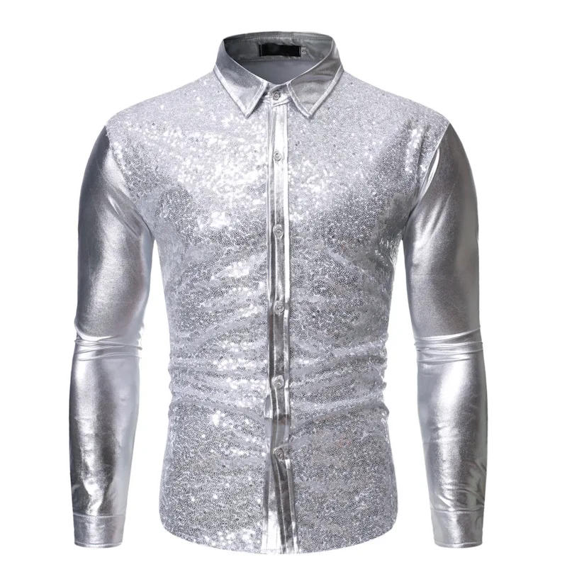 Description Picture 5 of itemMen Sequined Shiny Red Blue Nightclub Wear Shirt EUR Size Boys Hot Stamped Silver Dance Wedding Party Full Dress Tuxedo Shirts