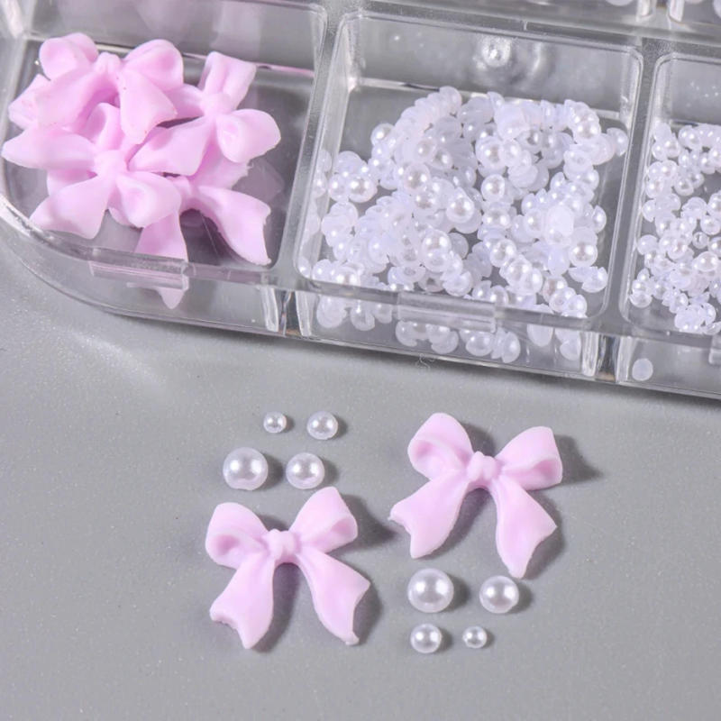 Description Picture 6 of item1 Box Kawaii Mini Bow 3D Cute Nail Art Decorations White Pearls Nails Charms Designs DIY Pink Bowknot Resin Nail Accessories