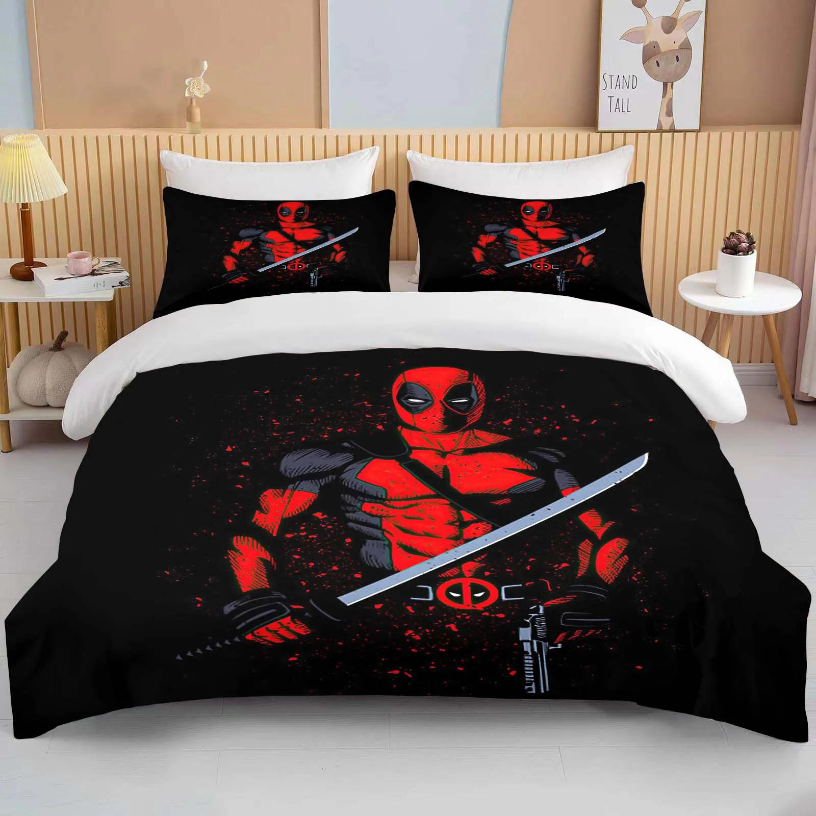 Description Picture 5 of item10 Sizes Marvel Deadpool Printed Quilt Cover Pillowcase Bedding Set Kids Adult Comfortable Bed Set Twin King Queen Bedding Set