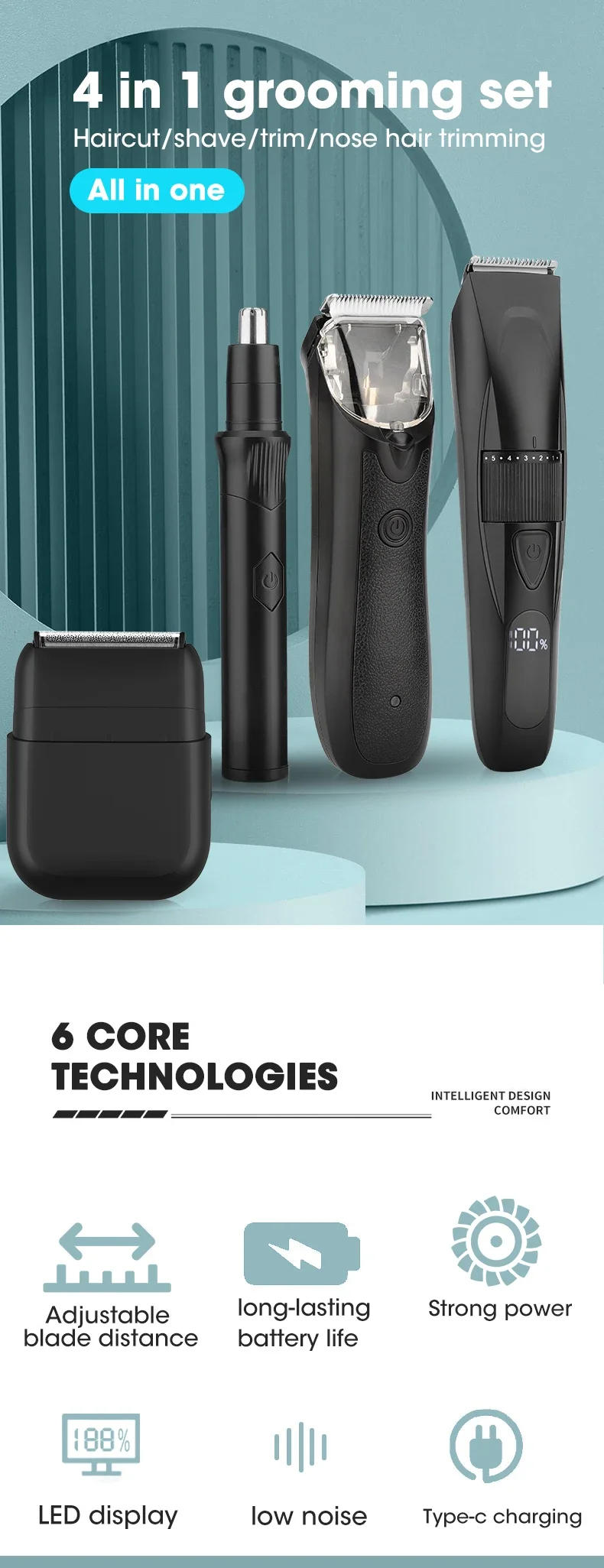 Description Picture 3 of itemRESUXI 377 4-in-1 Men's Multi Functional Hair Clipper Set Nose Hair Trimmer Electric Shaver and Beard Trimmer Grooming Tools Set