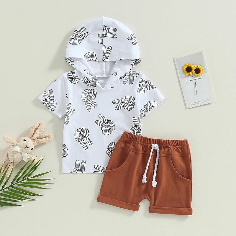 Description Picture 2 of itemInfant Boys Summer Outfits Finger Print Short Sleeve Hooded Tops and Elastic Waist Shorts 2Pcs Clothes Set