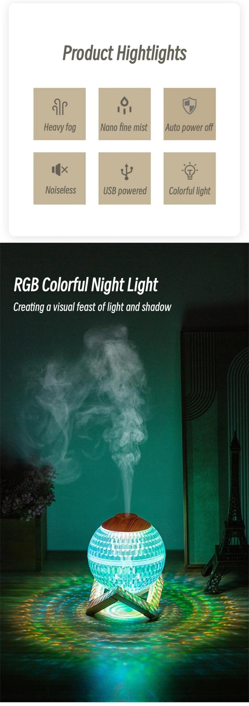 Description Picture 3 of item350ml Crystal Ball Air Humidifier USB Portable Fragrance Diffuser Colorful LED Light Ultrasonic Cool Mist Maker Aroma Humidifier