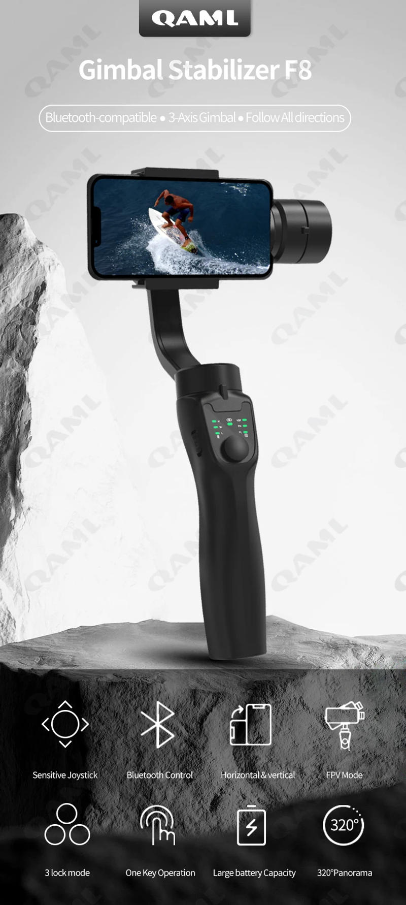 Description Picture 2 of itemQAML F8 Handheld 3-Axis Gimbal Phone Holder Anti Shake Video Record Stabilizer for Iconic Brand iPhone Cellphone Smartphone