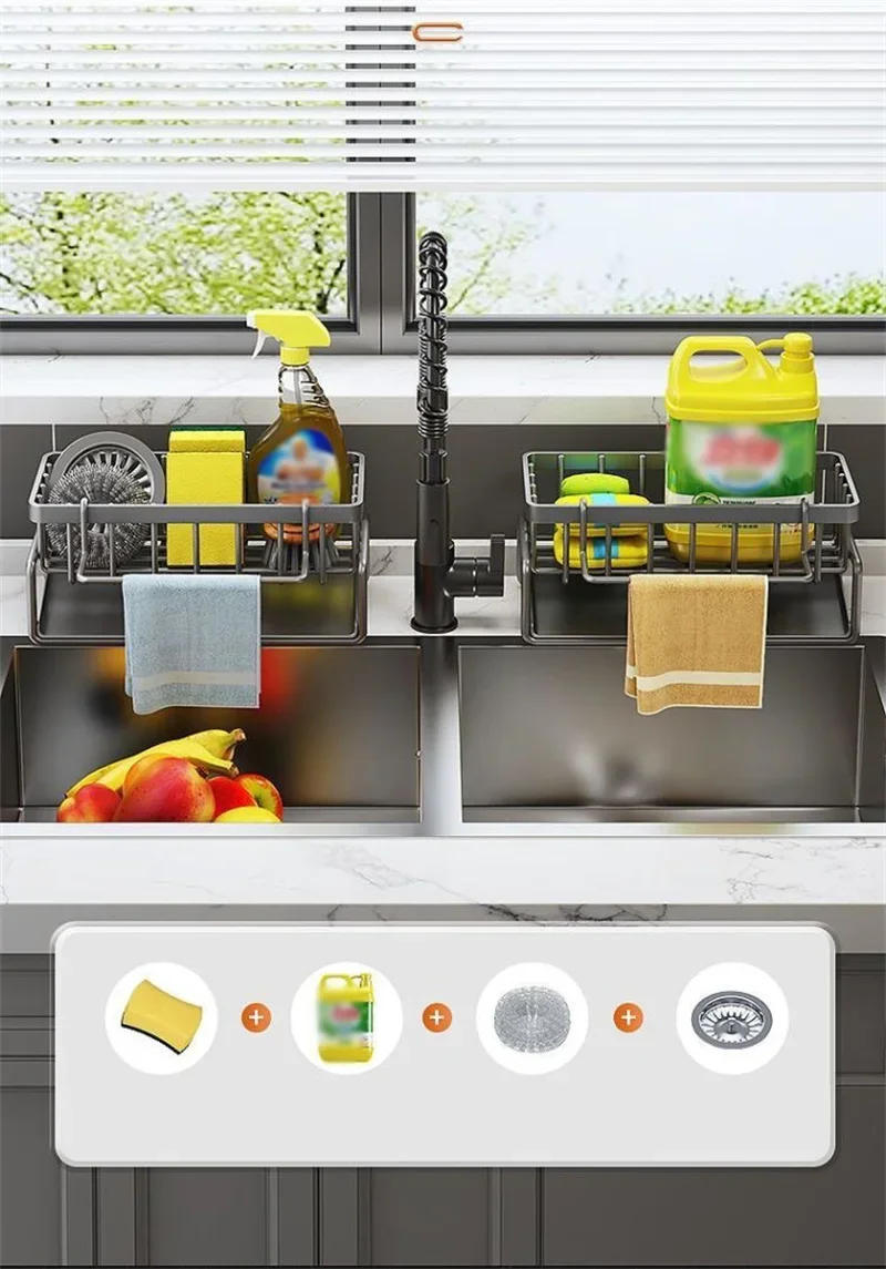 Description Picture 5 of itemKitchen Sink Drain Rack Storage Box Stainless Steel Self-draining Sink Detergent Sponge Rack Rag Towel Rack Filter Basket Shelf