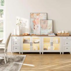 WAMPAT Kitchen Buffet Sideboard Cabinet with 4 Glass Door, Mid-Century Cupboard & End Table with Charging Station, 4-in-1 Consol