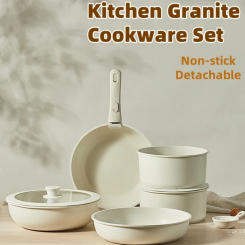 5PCS Granite Cookware Set Non-stick Pots Pans Kitchen Set With Removable Handle Induction RV Camping Cooker Kit With Glass Lid