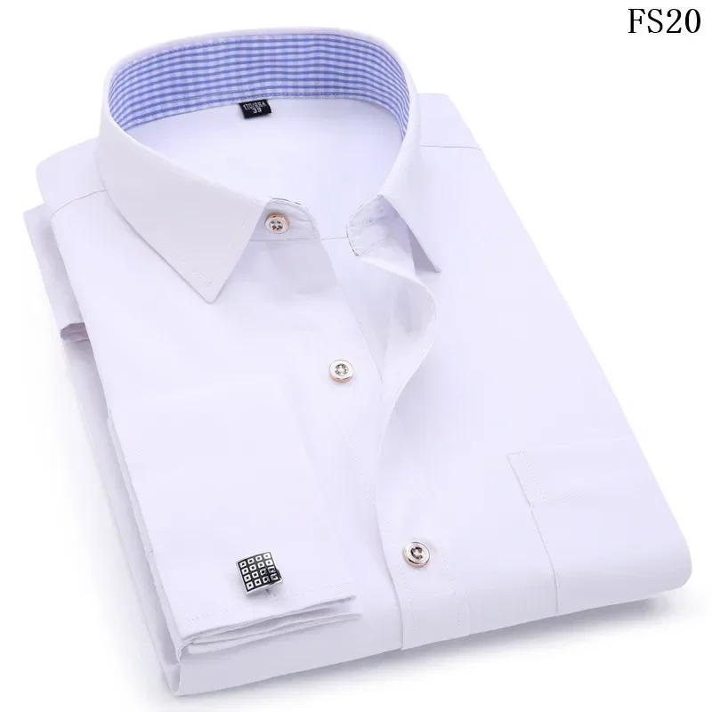 Description Picture 6 of itemLarge size Men French Cufflinks Shirts White Collar Design Solid Color Jacquard Fabric Male Gentleman Dress Long Sleeves Shirt