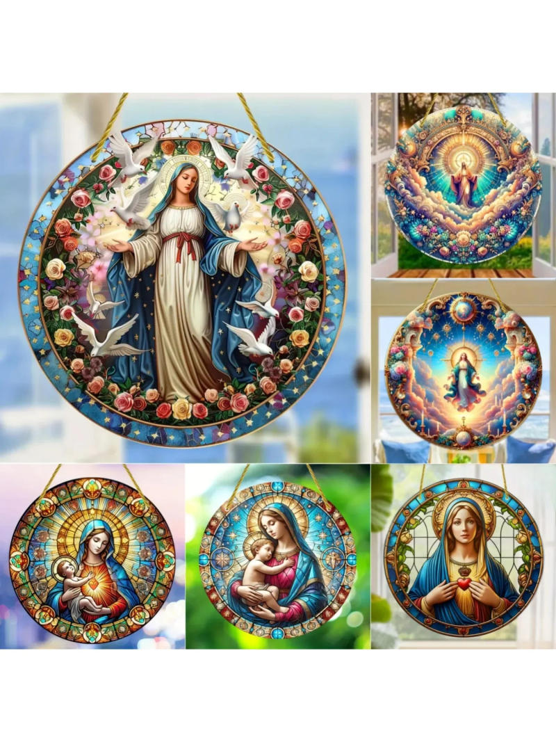 Description Picture 2 of itemChristian Religion Mary Suncatcher,Translucent Stained Window Hanging,Round Acrylic Sign,Porch,Wall,Home,Room,cafe Holiday Decor