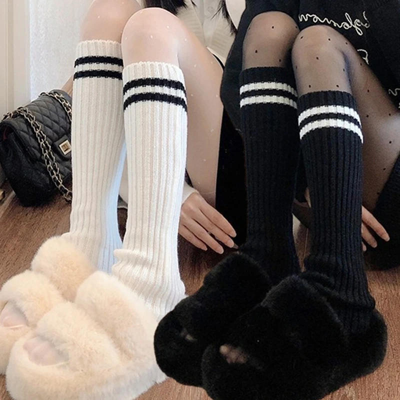 Description Picture 3 of item1/2pairs Cotton Knitting Leg Warmers Lolita Striped Calf Sox Long Socks Foot Cover Y2K Winter Crochet Heap Boot Cuffs Stockings
