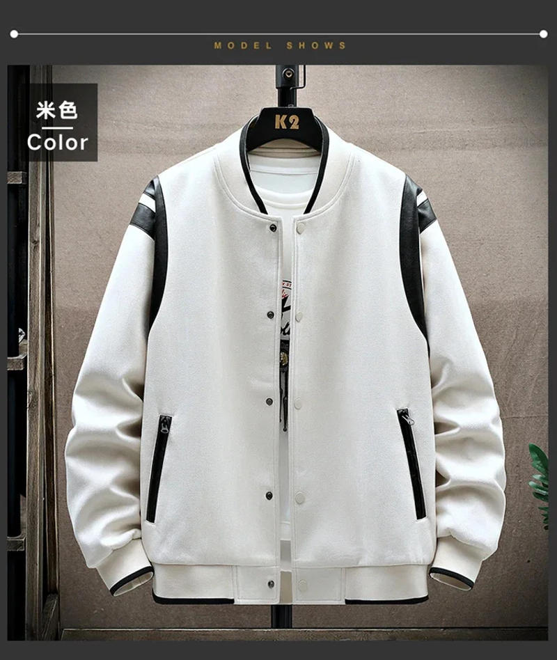 Description Picture 6 of itemMen Spring Autumn Faux Suede Bomber Patchwork PU Leather Jacket Fashion Baseball Clothes Collar Coat Vintage