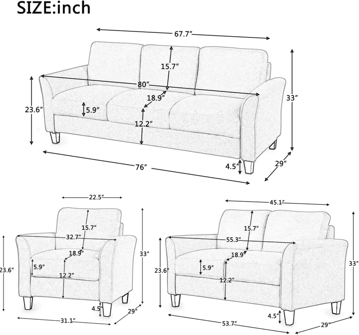 Description Picture 3 of itemSectional Sofa Sets, Modern Polyester Blend Sectional Couch Set with Sofa, Loveseat and Armchair, Living Room Furniture Sets