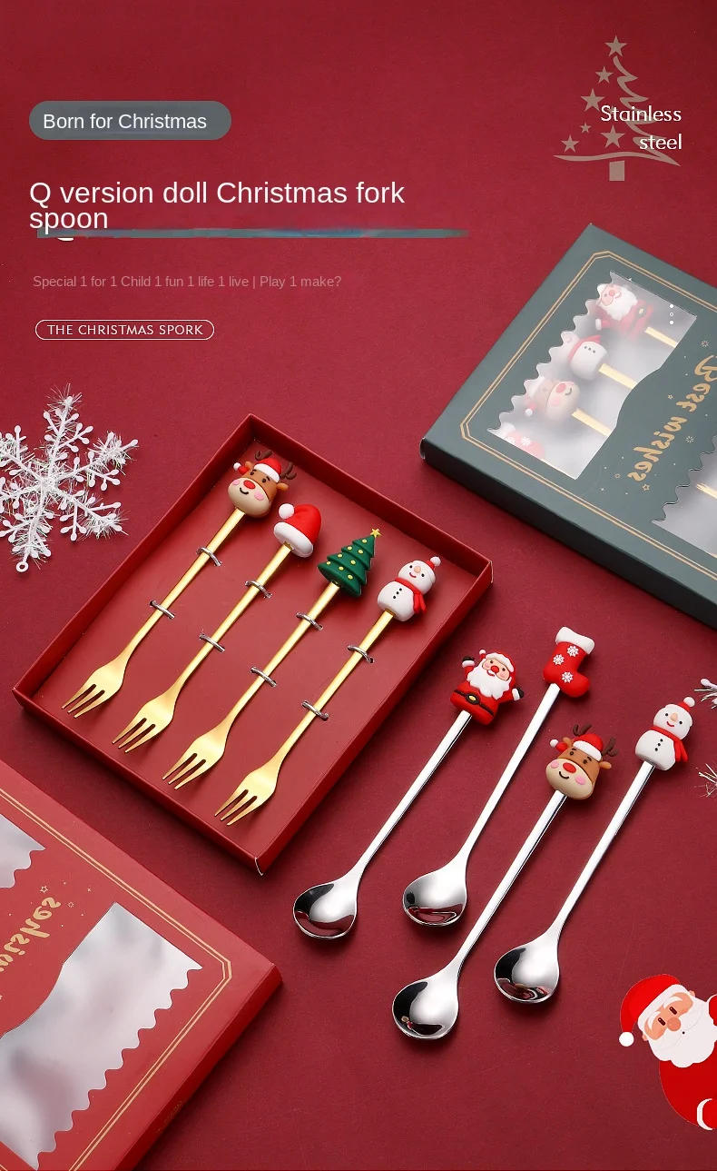 Description Picture 2 of item6/4/1PCS Christmas Gift Glod Spoon Fork Set Elk Christmas Tree Decoration Dessert Scoop Fruit Fork Coffee Spoon Cutlery Set