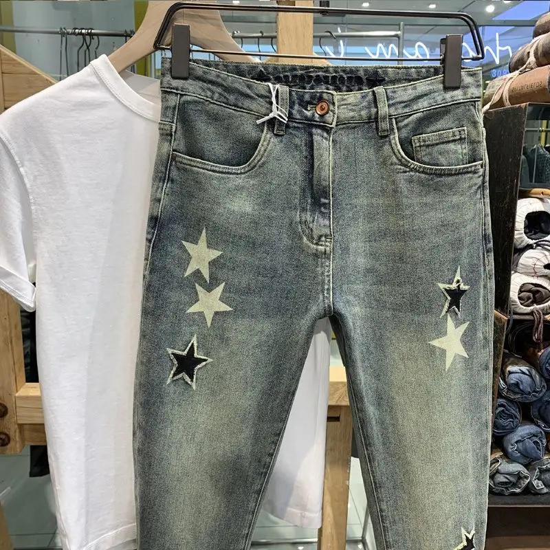 Description Picture 4 of itemFashion Casual Denim Slim Patchwork Jeans Spring Autumn Luxury Men's Clothing Star Embroidery Vintage Stretch Streetwear Pants