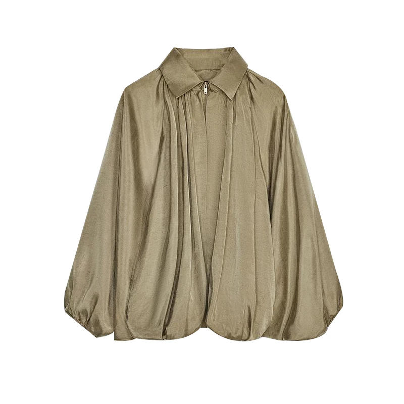 Description Picture 3 of itemFashion Pleated Puff Sleeve Women's Jacket Turn-down Collar Zipper Loose Lady Jackets 2025 Spring Autumn Street Office Outwear