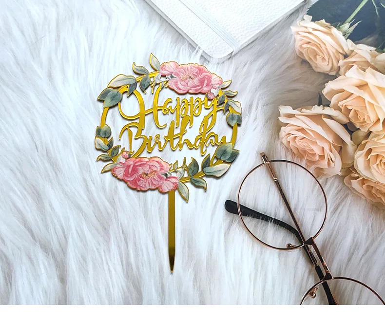 Description Picture 2 of item32 Style Acrylic Mirror Happy Birthday Cake Topper Flowers Butterfly Cake Decoration Home Birthday Party Decor Supplies