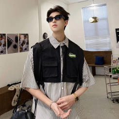 2024 New Striped Loose Shirt Two Piece Vest Spliced Short Sleeve Functional Travel Vacation Men's Lapel Lightweight Work Coat