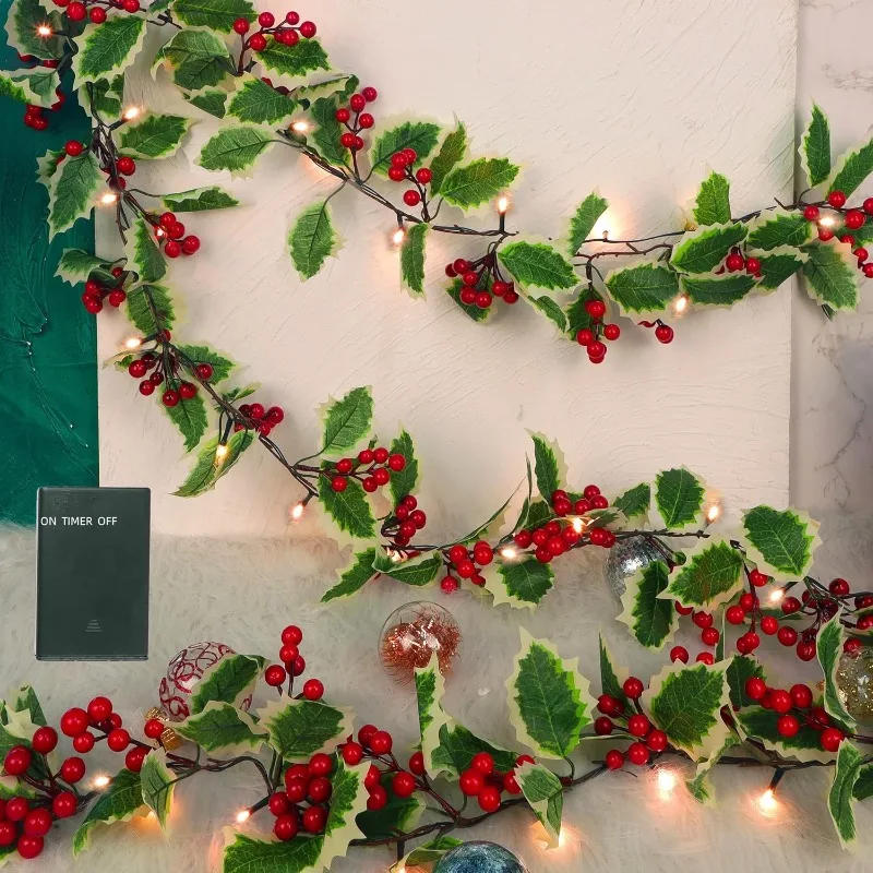 Description Picture 2 of itemArtificial Plants Christmas Holly Berry Vines Fake Green Leaves Hanging Garlands with Light Strings for Home Party Xmas Decor