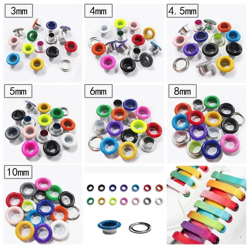 Description Picture 3 of item100sets Metal Eyelets Grommets Colored Hole Eye Rings Mix Color for Leathercraft Shoes Belt Cap Bag Tags Garment Scrapbooking