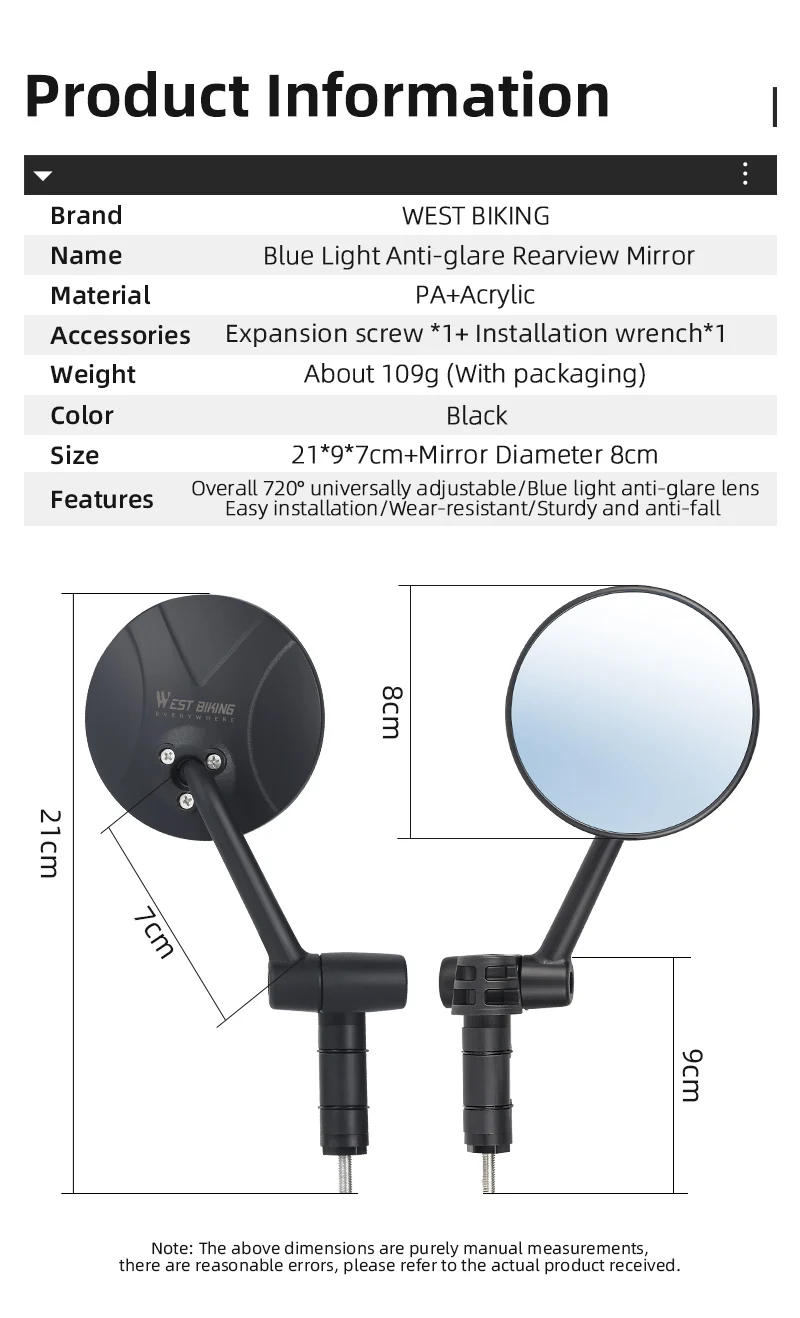 Description Picture 4 of itemWEST BIKING Anti-Glare Bicycle Rearview Mirror Handlebar 360 Adjustable Back Sight Reflect MTB Road Bike Mirrors Bike Accessorie
