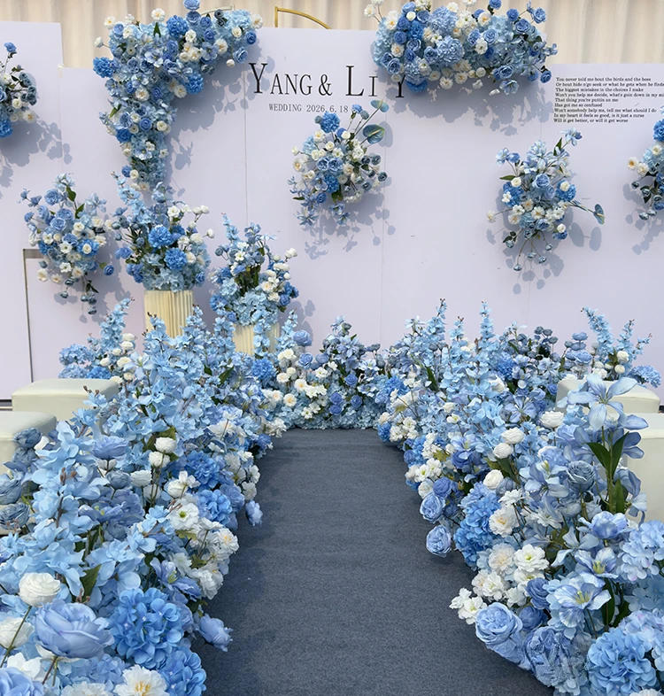 Description Picture 2 of itemLuxury Blue White Rose Flower Runner Wedding Backdrop Decor Party Event Decoration Artificial Flowers Road Hanging Flower Row