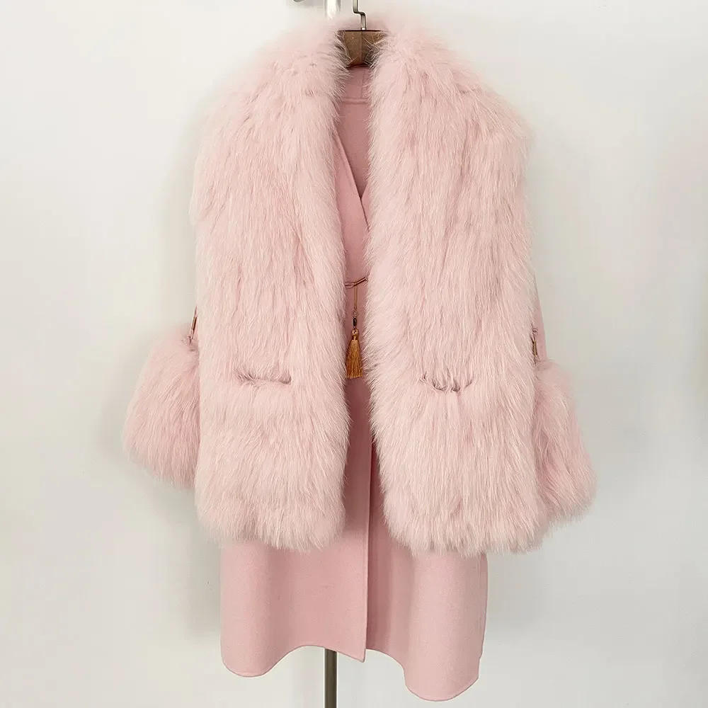 Description Picture 2 of itemMENINA Autumn Winter Women Coat Real Natural Fox Fur V-neck Double-faced Woolen Blends Jacket Thick Warm Casual New Overwears