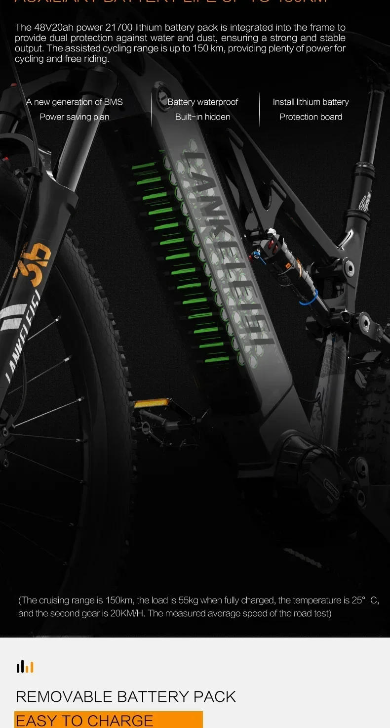 Description Picture 6 of itemLANKELEISI GT800 Electric Bicycle 500W Motor 48V 20AH Battery 29Inch Electric Bike Max Speed 40km/H Off-Road Mountain Snow Ebike