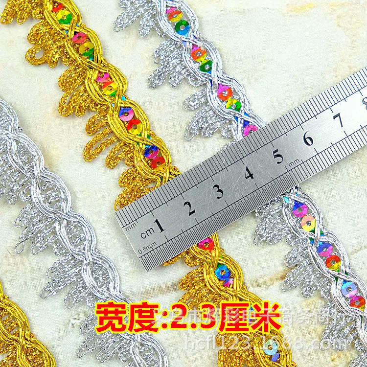 Description Picture 4 of item13 Meters Sequined Woven Straps Lace Gold and Silver Mountain Lace Dance Clothing Accessories Beaded Decorative Edge 2.3cm Wide