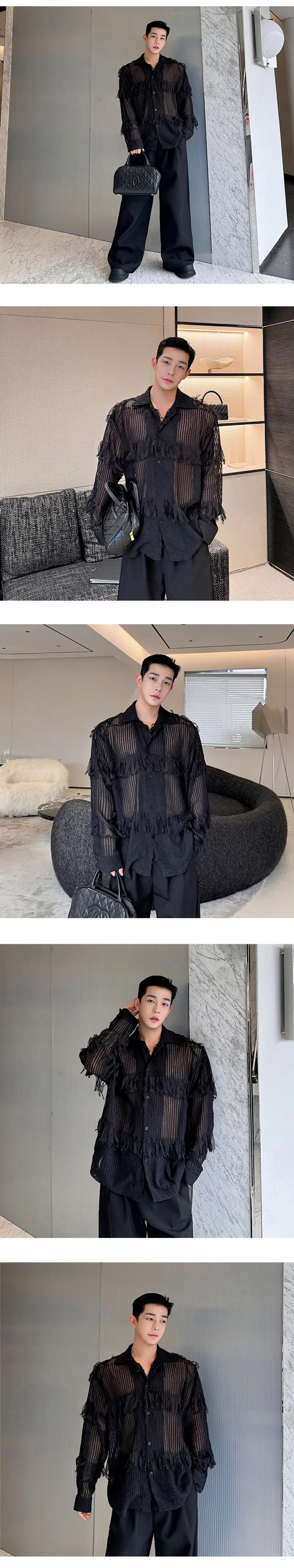 Description Picture 2 of itemSee Through Sunscreen Shirts Men Irregular Tassel Splice Mesh Long Sleeve Loose Casual Vintage Party Dress Shirts Unisex Blouses