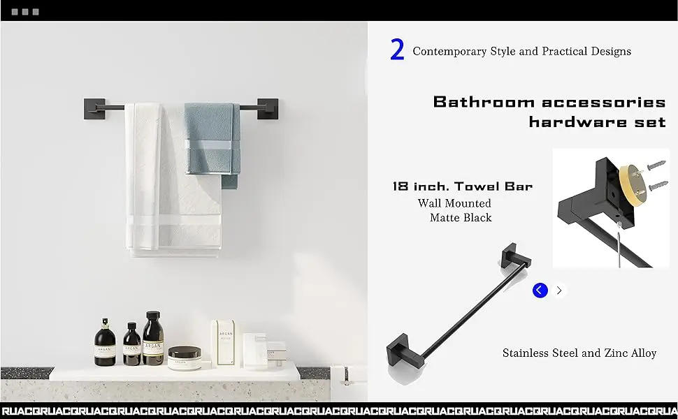 Description Picture 6 of item4 Pieces Bathroom Hardware Set Matte Black Square Stainless Steel and Zinc Alloy Modern Wall Mounted,18-Inch Towel Bar，Robe Hook