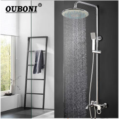 OUBONI Bathroom Rainfall Shower Faucet Set Chrome 8 Inch Bathroom Bathtub Wall Mount Dual Handle Hot Cold Mixer Shower Set Tap