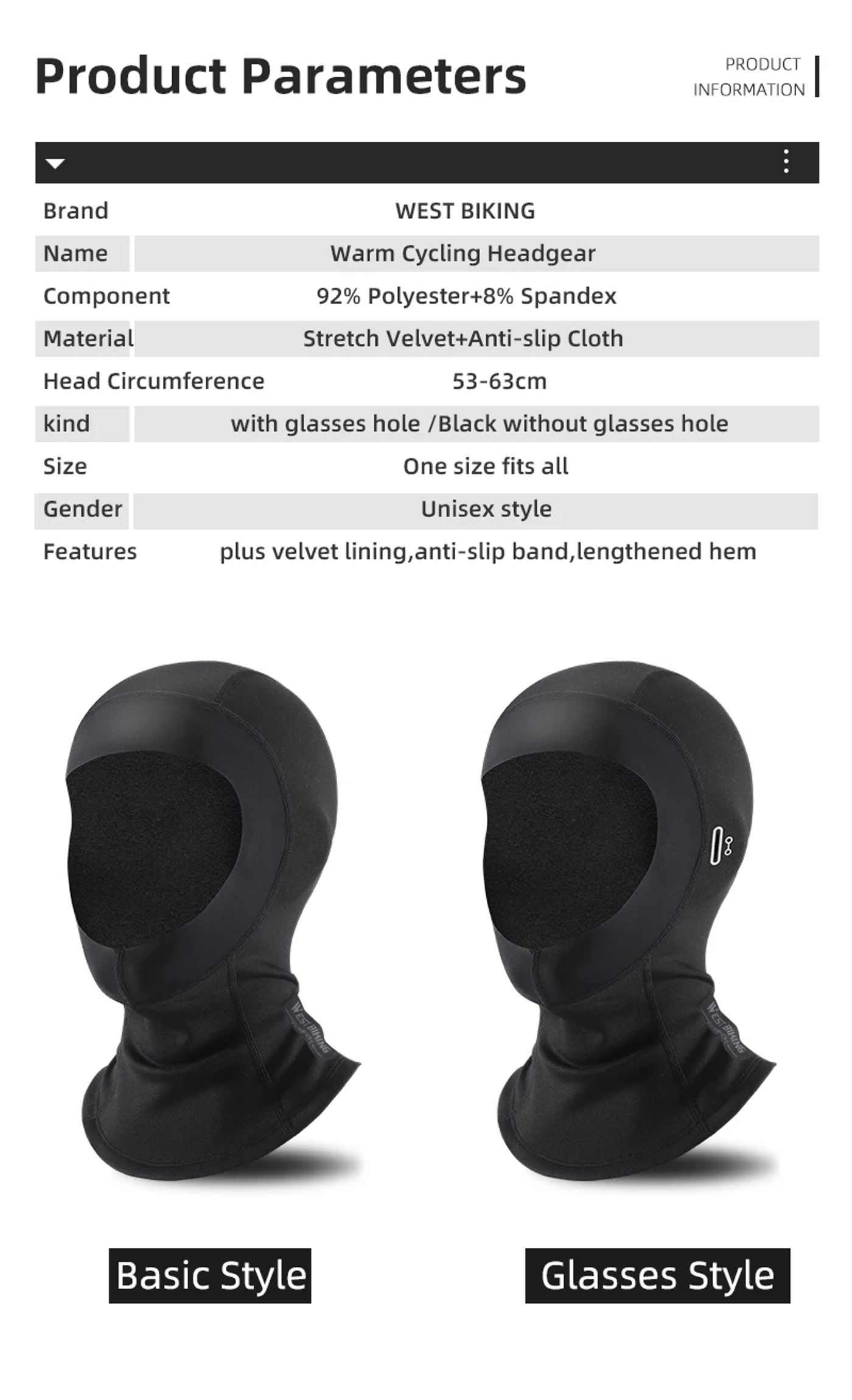 Description Picture 3 of itemWEST BIKING Winter Fleece Balaclava for Cycling and Running Non-Slip Sport Caps Windproof Ear Neck Protection Thermal Sport Gear