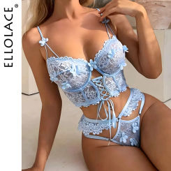 Ellolace Floral Lingerie Fancy Lace Sweet Girl Fairy Delicate Ensemble Underwear g-String Holiday Romantic Sexy Outfits