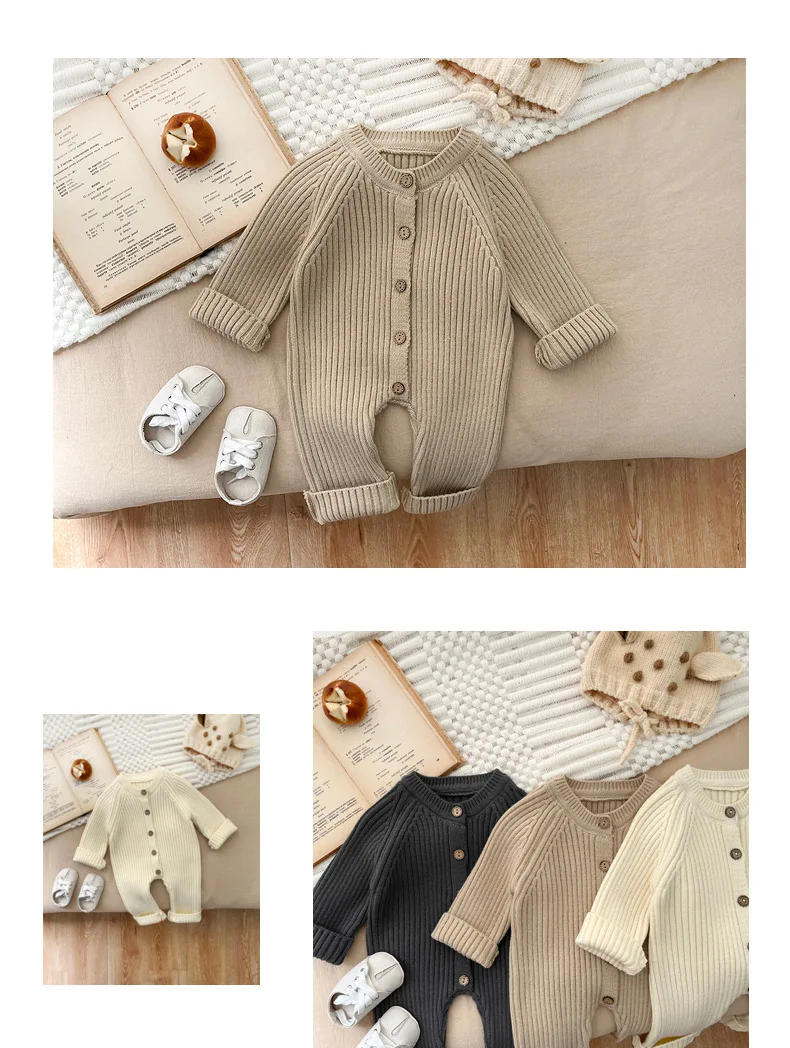 Description Picture 4 of itemNewborn Baby Clothes Versatile Autumn Winter  Solid Color Knitted Thick Climbing Clothes Infants and Children Baby Jumpsuit