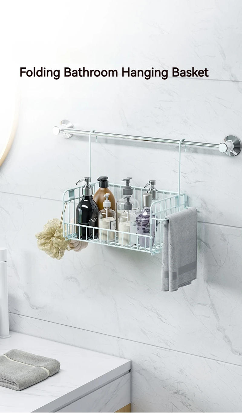 Description Picture 2 of itemFolding Bathroom Basket Waterproof Metal Shelving Non-perforated Drain Basket Wall Hangers with Hooks Storage Orgenizer Rack