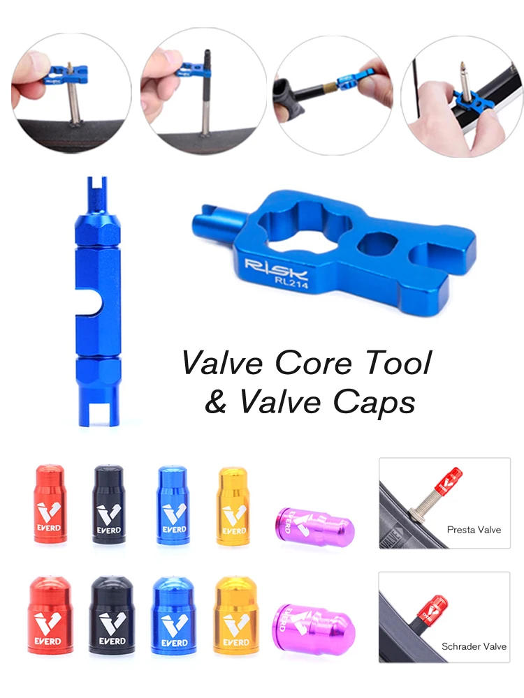 Description Picture 2 of item4 IN 1 Valve Core Remover Tool and Aluminum Bicycle Presta Valve Cap Schrader Valve Cover Dustproof for MTB Road Bike