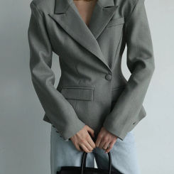 Elegant Solid Lapel Blazer Jacket Women Slim Waist Single Button Shoulder Pad Long Sleeve Coats 2025 Spring Fashion Lady Coats