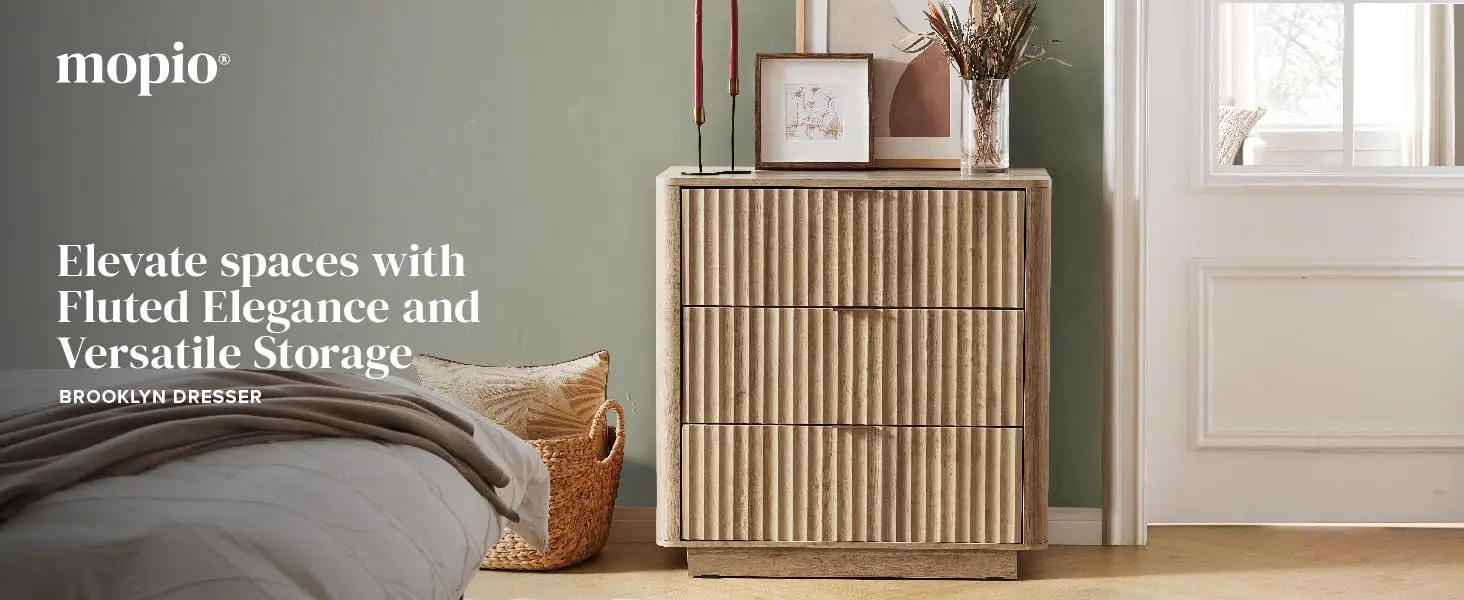 Description Picture 2 of item3 Drawer Dresser for Bedroom, Mid Century Modern Chest of Drawers, Wood Tall Nightstand, Waveform Fluted Side Tab