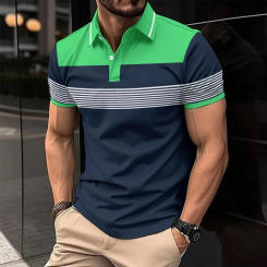 2024 Amazon's new cross-border men's casual POLO shirt V-neck button business stripe all-match T-shirt top