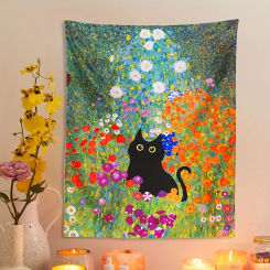 Exquisite Black Cat Tapestry Wall Hanging Vibrant Cat Goldfish Aesthetic Room Decor With Tropical Art Unique Home Office Decor
