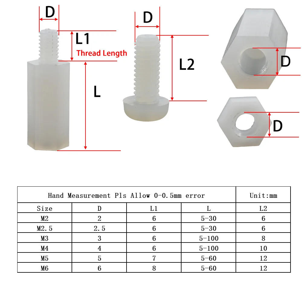 Description Picture 2 of itemWhite Nylon Standoff Thread Screw Bolt Nut Set M2 M2.5 M3 M4 M5 M6 Motherboard Standoffs Spacers Male To Female Hex PCB Pillars
