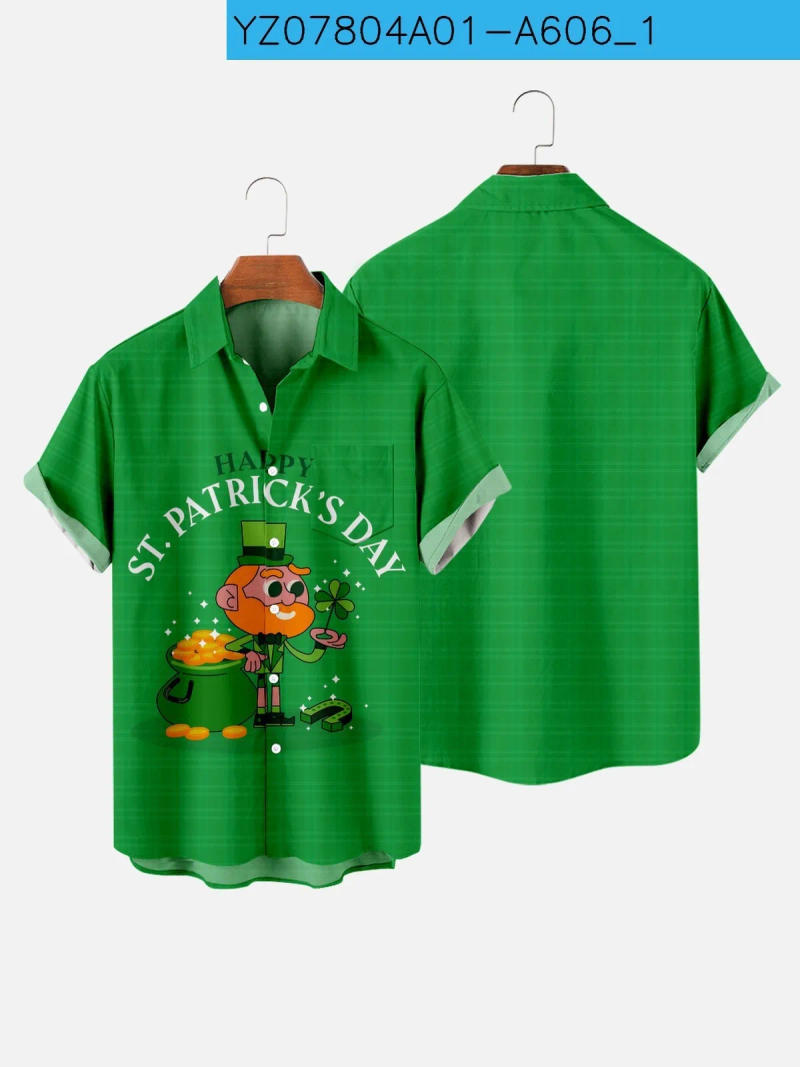 Description Picture 6 of itemSummer Short Shirt Large Creative St. Patrick's Day Pattern Large Pocket Casual Men's Top