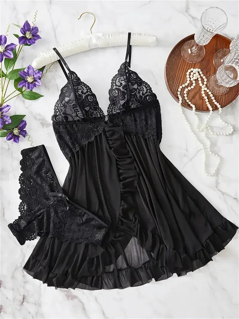 Description Picture 4 of itemSexy Lace Women Nightdress Chemise Bow Nightgown Sleepwear Mini Dress V Neck Full Slip Babydoll Lingerie Sleepwear And Dresses