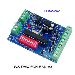 WS-DMX-6CH-BAN-V3 RGB LED Strip Light Tape Module Dimmer 6CH DMX Controller Board 2 Groups 5V 12V 24V 6 Channels DMX512 Decoder