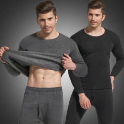 2 Pcs/Set Winter Pajamas Men Thermal Underwear Set Plush Velvet Warm Thick Pure Color Slim Open Crotch Men Pajamas Set Sleepwear