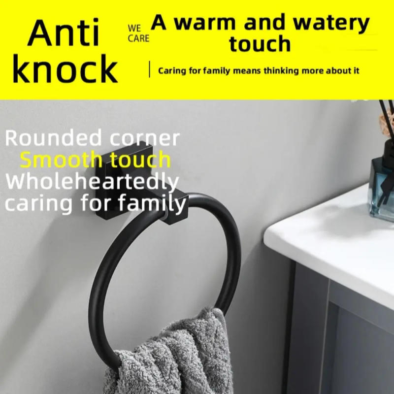 Description Picture 4 of itemBlack Stainless Steel Hand Towel Ring Square Base Wall Mounted Towel Racks Easy Installation Towel Holder Home