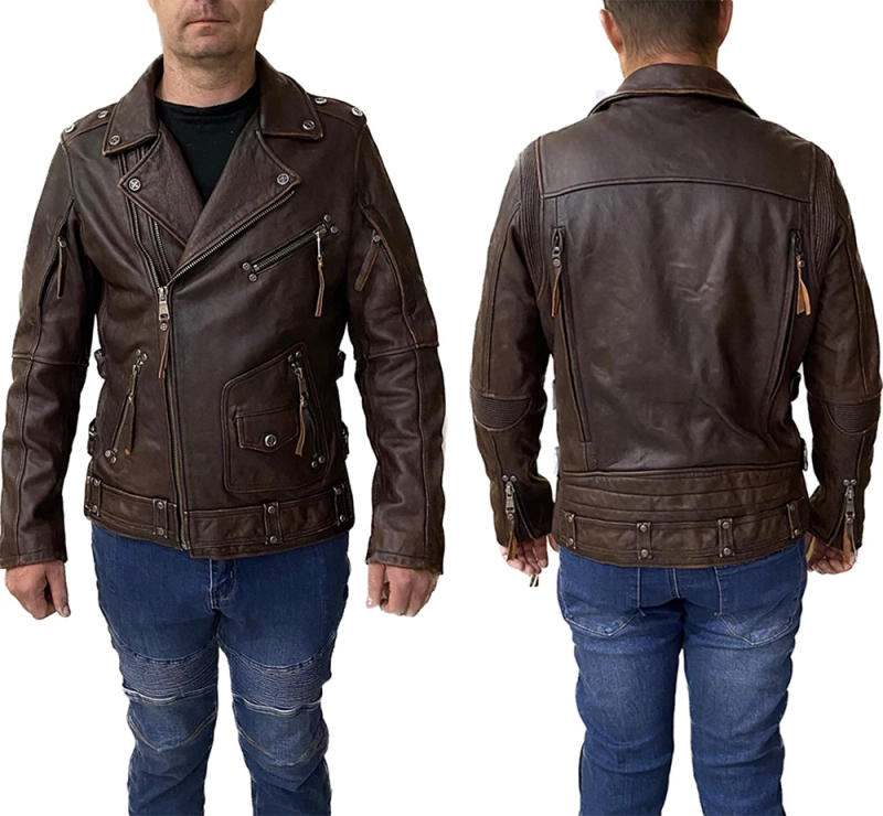 Description Picture 4 of itemVintage Brown Motorcycle Leather Jacket Men Natural Genuine Cowhide Jackets Autumn Slim Fit Biker's Ooblique Zipper Coat
